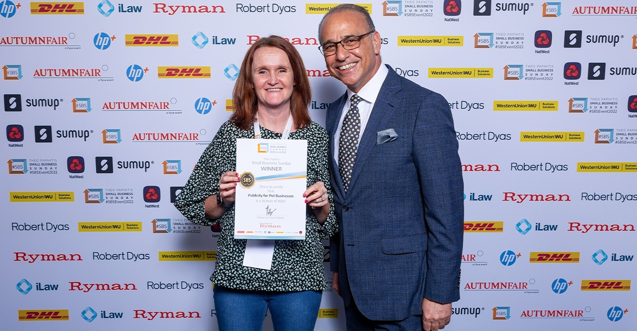 A Newcastle businesswoman who helps people in the pet industry with publicity is celebrating after winning an award from Theo Paphitis