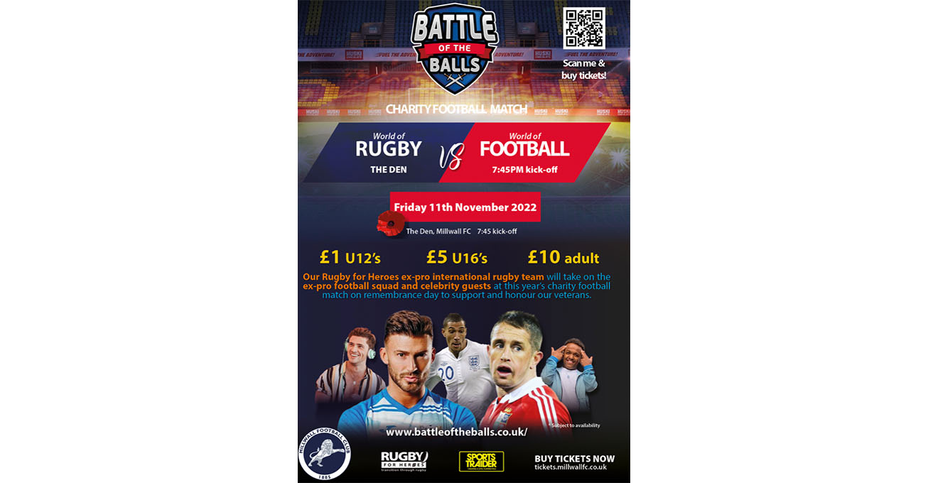Sports Stars and TV Personalities line up for charity ‘Battle of the Balls’ match at Millwall FC on Remembrance Day