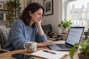 Remote worker responding positively to emoji reactions from colleagues.