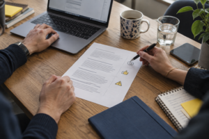 Colleagues reviewing workplace communication guidelines featuring emoji annotations.